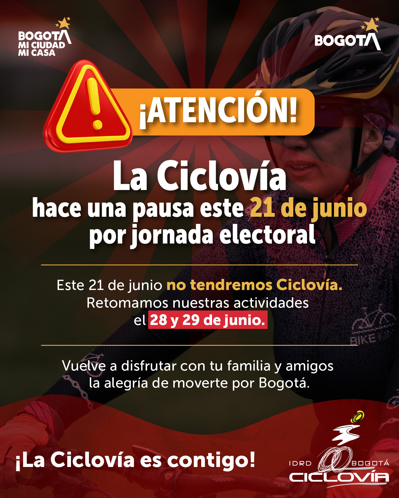 Este 21 JUNIO no habrá Ciclovía