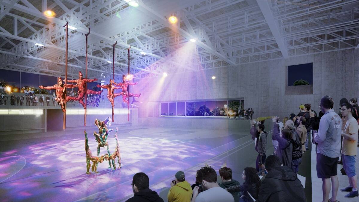 Proyección animada de show cultural en centro deportivo