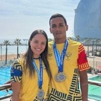 Paula Aguirre y Alexander Jiménez se lucieron en la Copa Mundo de Natación con Aletas. Foto IDRD.
