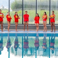 Este es el Equipo Bogotá en el Mundial de Natación con Aletas. Están (izq. a der.) Alexander Jiménez, Paula Aguirre, Camila Aguirre, Samuel Sosa, Lara Saavedra, Diana Yoscua y Marlon Tovar. Foto IDRD.