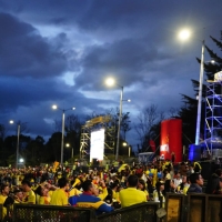 Pantalla gigante en parque transmitiendo un partido de fútbol