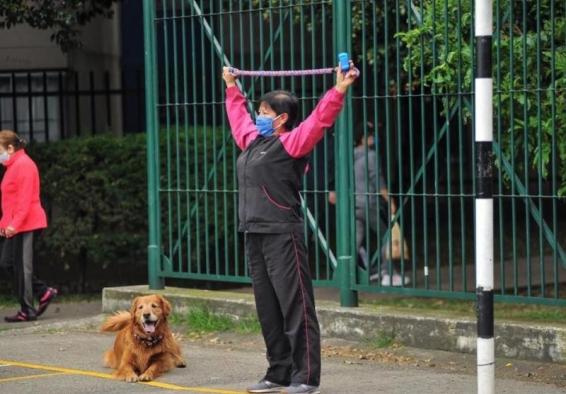 mujer ejercitándose junto a su perrito