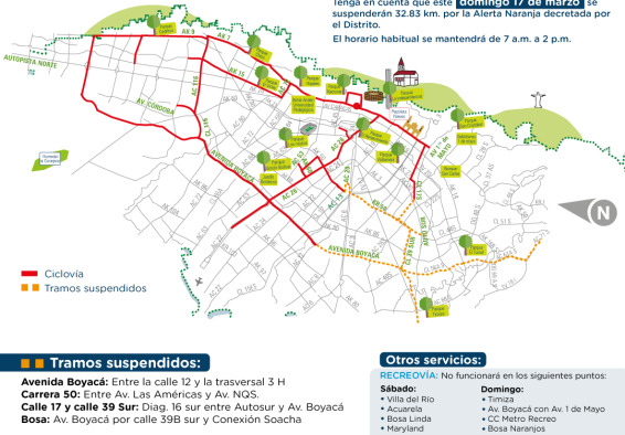 Mapa de tramos suspendidos de la ciclovía