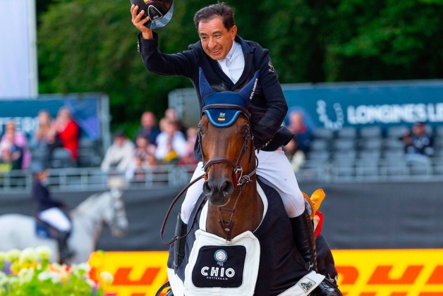 El binomio del bogotano René López y su caballo Kheros Van’t Hoogeinde representará a Colombia en París2024. Foto cortesía Fedecuestre.