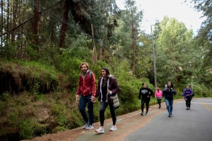 Varias personas caminando por un sendero rural