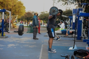 Varias personas usando las maquinas de un gimnasio en un parque