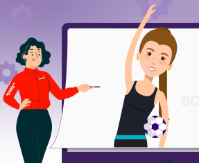 Ilustración de funcionaria del IDRD y una deportista con un balón