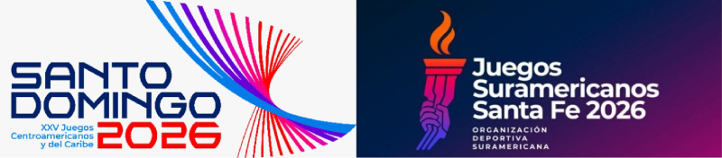 Logos de los dos máximos retos del Equipo Bogotá en 2026: los Juegos Centroamericanos y del Caribe en República Dominicana y los Juegos Suramericanos en Argentina.
