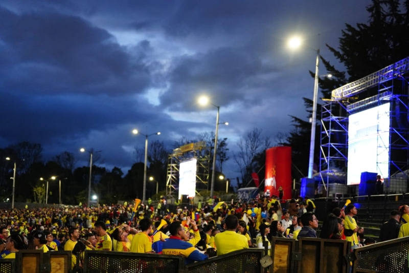 Pantalla gigante en parque transmitiendo un partido de fútbol