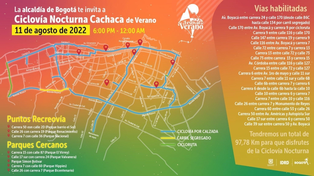 Mapa de la Ciclovía nocturna del 11 de agosto de 2022