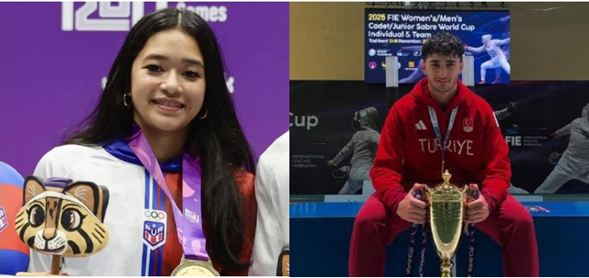 La puertorriqueña Gabriela Lee, número 2 del mundo, y el turco Furkan Yaman, número 1, estarán en Bogotá en la Copa Mundo de sable. Fotos Panam Sports y @YamannFurkann, Instagram.